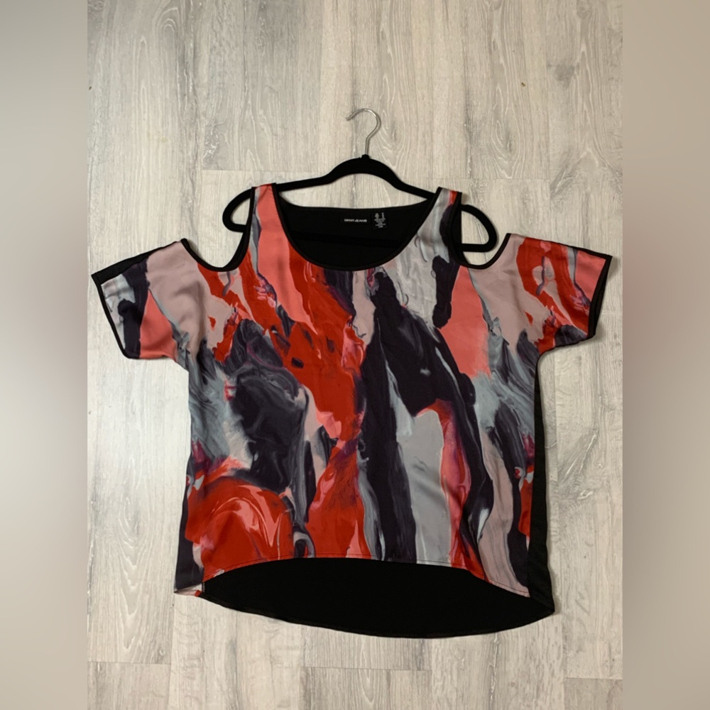 Vintage DKNY Jeans woman’s cold shoulder red and black short sleeve blouse